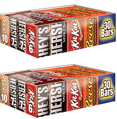 Hershey uxApzl Chocolate Candy Bar Variety Pack, HERSHEYS Milk Chocolate With Almonds, HERSHEYS Milk Chocolate, REESES Peanut Butter Cups, and KIT KAT Bars 30 Count Box (2 Pack)