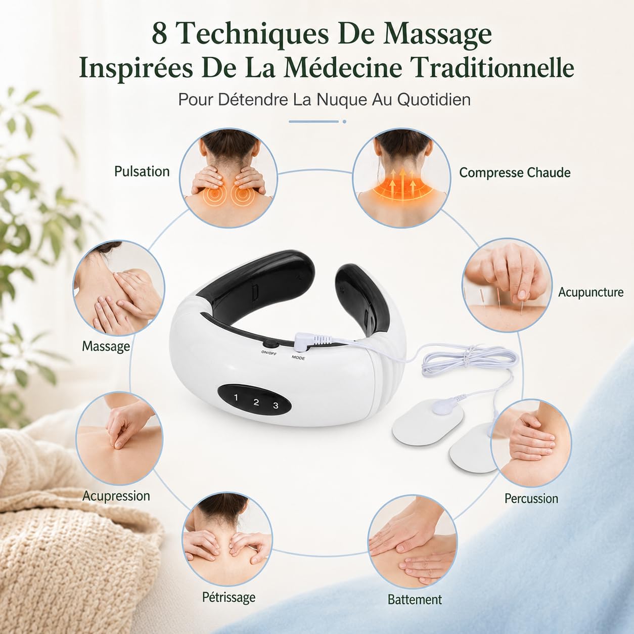 MASSEUR Masseur Cervical Électrique Chauffant, Appareil de Massage Cervical Rechargeable USB, 6 Modes et Intensité Réglable, pour Cou et Épaules, Maison Bureau Voyage