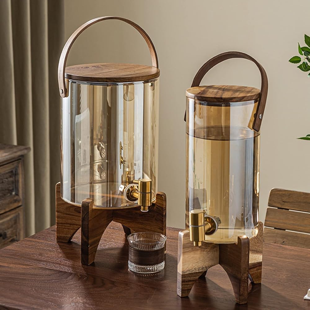 Dispensador de bebidas de vidrio con soporte de madera para bebidas frías o calientes para eventos al aire libre, fiestas y uso diario