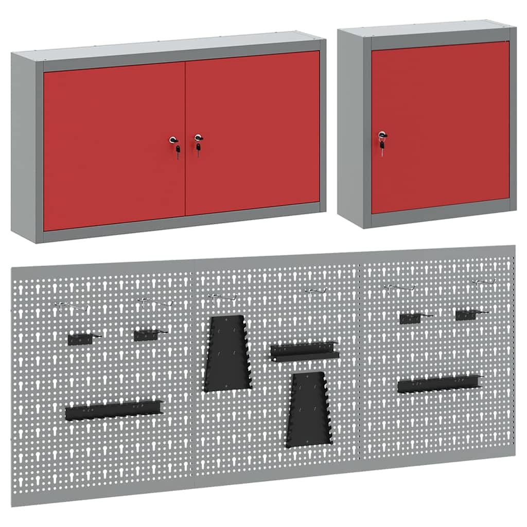 Juego de 5 armarios para herramientas de acero pulverizado, montaje en pared, 150 x 20 x 115 cm, con placas perforadas, estantes metálicos y 3 cerraduras para taller y garaje