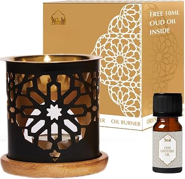Dukhni Oil Burner | موقد نحاسي مع شمعة | استخدم للزيوت الأساسية وزيت الرائحة وزيوت الناشر | استرخ مع العلاج بالروائح المنزلية لتخفيف الإجهاد والتأمل والتدليك والعطور المنزلية والهدايا الإسلامية