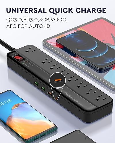 Miniatura 4 de ZZR SEVEN Regleta de alimentación con protección contra sobretensiones, cable de extensión de 6 pies, salida USB 12 en 1, 8 salidas de CA con 3 USB
