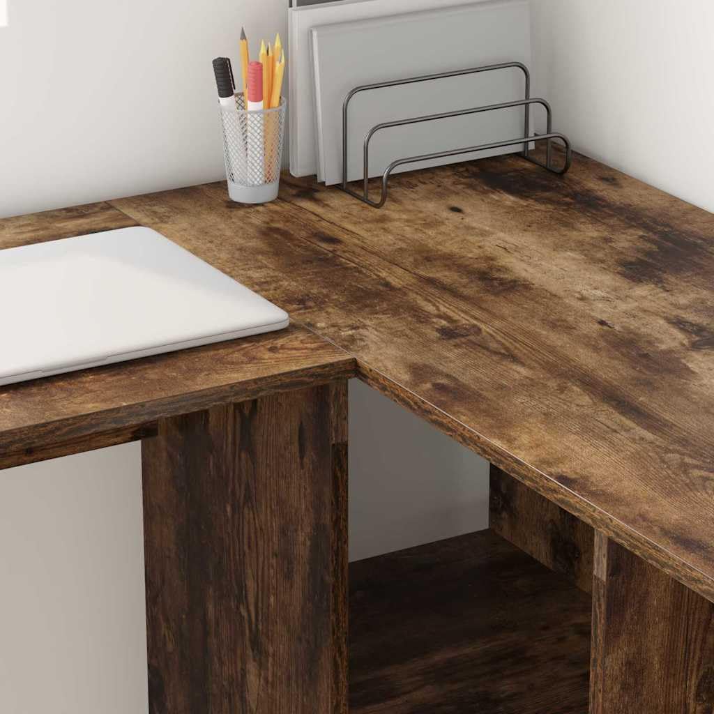 Scrivania in rovere affumicato, 142 x 102 x 73 cm, con ripiano e ripiano, scrivania angolare per computer per casa, ufficio e gaming, grande spazio di archiviazione e comodo spazio di lavoro