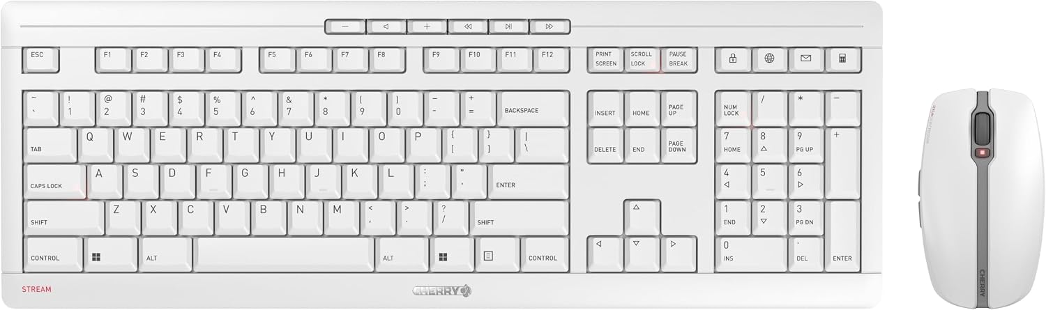 CHERRY Stream Desktop Recharge, Wireless Keyboard & Mouse Combo, 2.4 GHz Connection, Quiet Keys, Slim Design, Comfortable Writing, Rechargeable, White-Gray
