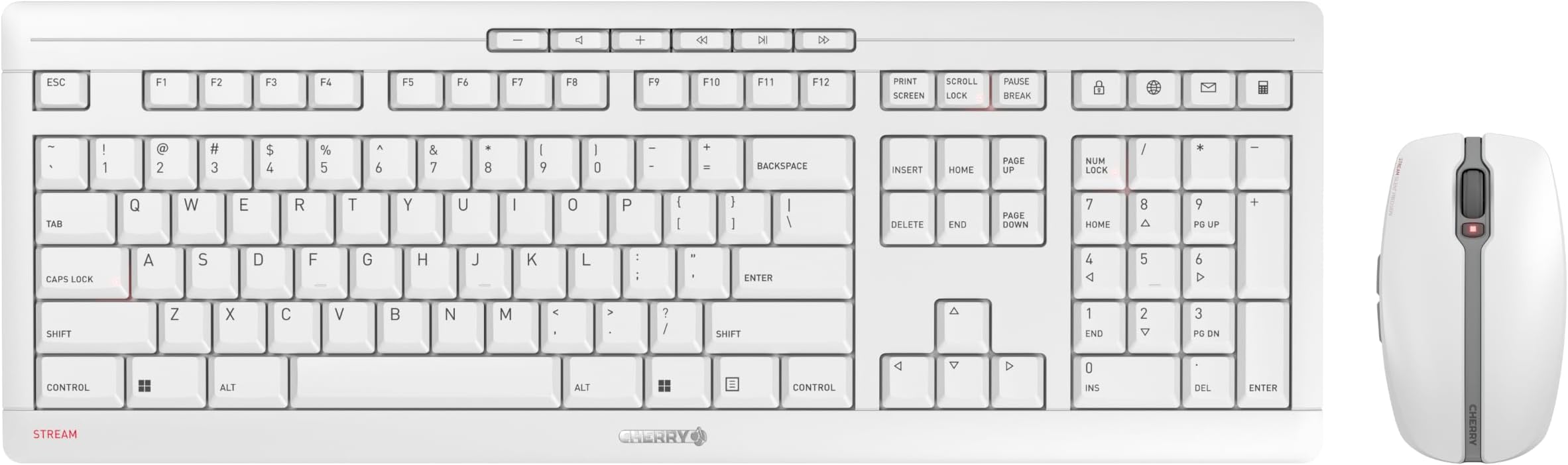 CHERRY Stream Desktop Recharge, Wireless Keyboard & Mouse Combo, 2.4 GHz Connection, Quiet Keys, Slim Design, Comfortable Writing, Rechargeable, White-Gray