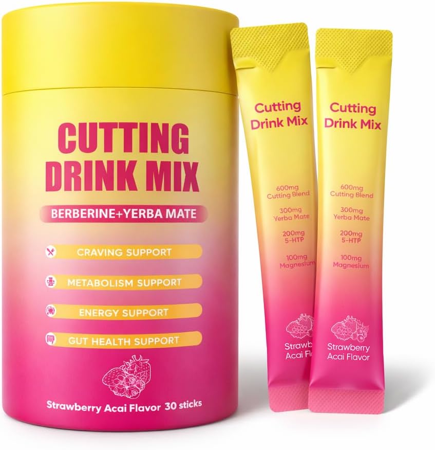 Cutting Drink Mix with Berberine, Chromium, 5-HTP, Yerba Mate & Magnesium - Dual-Action Craving & Gut Health | Strawberry Acai Flavor,Vegan, Sugar-Free, Non-GMO, 30 Packs