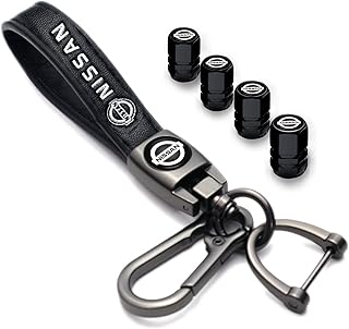 Car Wheel Caps,Tire Valve Stem Caps with Genuine Leather Keychain for Nissan Versa, Sentra, Altima, Maxima, Rogue, Altima Maxima with Car Logo Keychains car Accessories