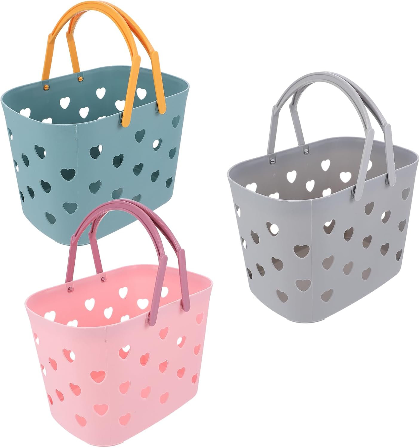Plastic Shower Basket with Handle 3Pcs Heart Hollow Shower Tote Handheld Laundry Basket Fruit Basket with Handles (Assorted Color)