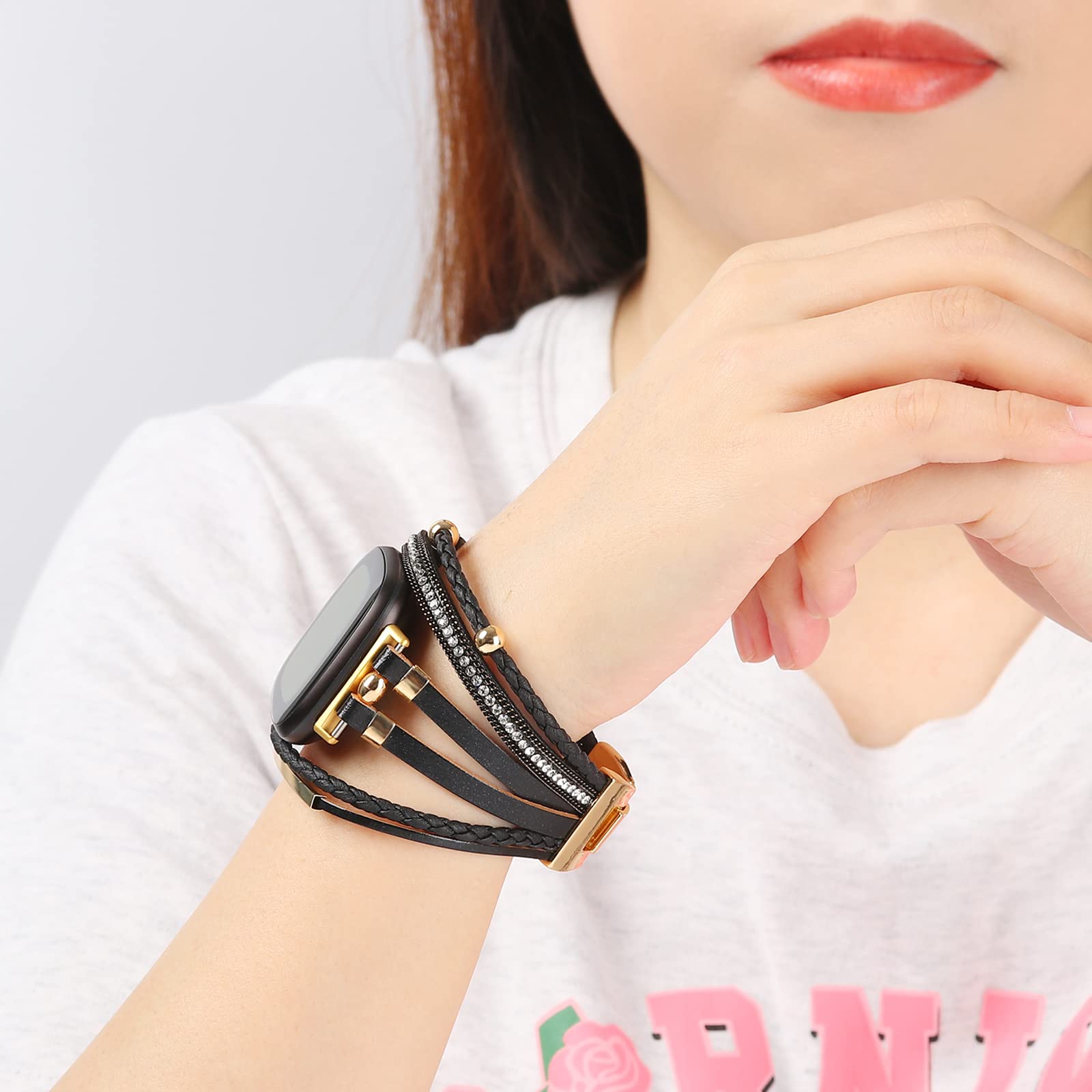 Posh Leather Bands Compatible with Fitbit Versa 3/Fitbit Sense, Women Boho Stylish Multilayer Wrap Bracelets Wristband, Handmade Adjustable Jewelry Strap for Sense/Versa 3 Smart Watch