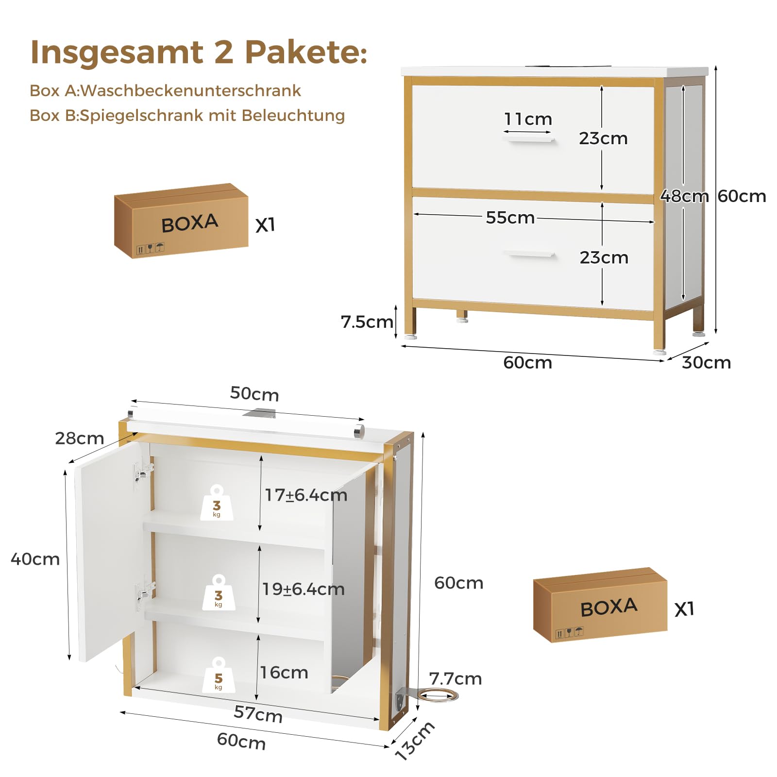 ELUCHANG Ensemble Meuble Salle de Bain 2 pièces,Armoire Murale Salle de Bain avec LED, Meuble sous lavabo avec 2 Tiroirs,étagères réglables, Style Industriel,Blanc+Doré