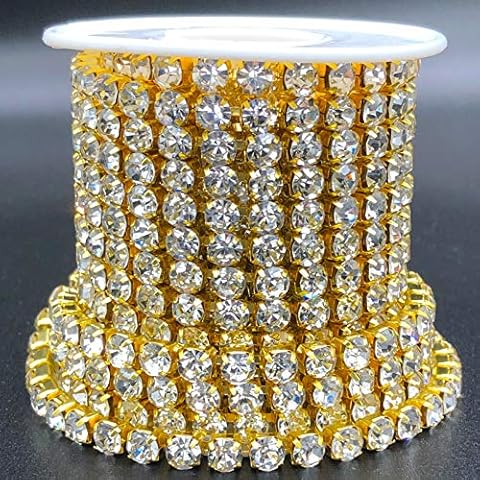 Towenm 1 Roll 5 Yards Large Crystal Rhinestones Close Chain, 5mm Rhinestone Chain, SS24, Sew on Crystal Rhinstone Chain Trim, Crystal Claw Cup Chain Roll (Gold Base + Crystal Clear, SS24 / 5.0mm) Cover