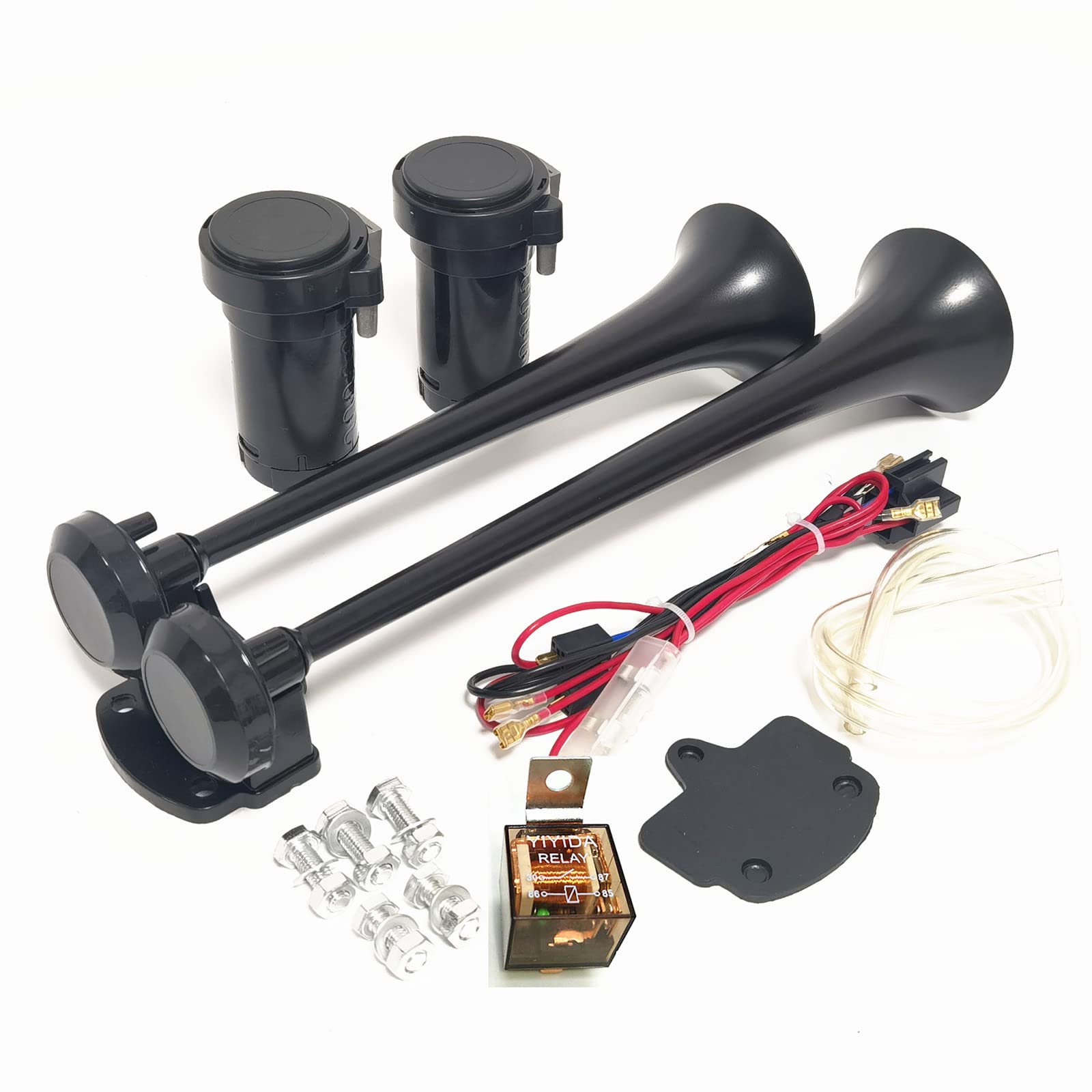 Autohupe Car Horn Lufthorn 12V Air Horn12V Schiffshupe mit hohem und niedrigem Ton 170db Drucklufthorn Schwarze LKW-Hupe Autolautsprecher mit Luftpumpe Trompete für 12V Wagen LKW Schiff etc