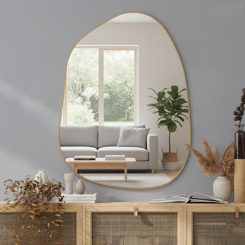 Irregular Asymmetrical Wall Mirror – Modern Gold Wood Frame, Decorative Wall-Mounted Mirror for Bathroom, Bedroom, Living Room & Entryway (12"x18")-image-35