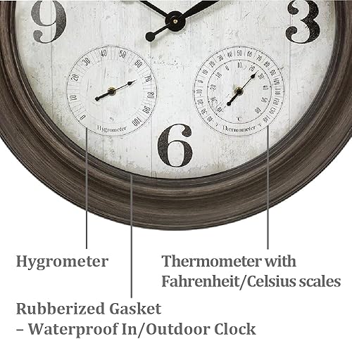Miniatura 3 de Presentime & Co. Reloj Clifton de 26 pulgadas para exteriores con termómetro e higrómetro como estación meteorológica todo en uno, arte de pared de