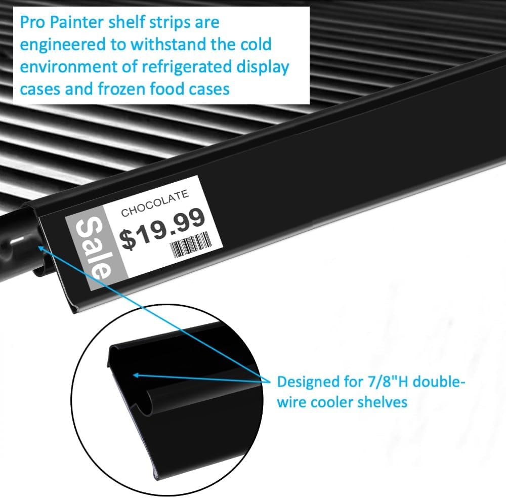 Shelf Label Strips for 7/8" H Double Wire Cooler Shelves, Pro Painter 100 Pack 1.25”H Shelf Strip Price Tag Holder with Clear Plastic Front/Black Back Sign Holder for 26” Long Shelf