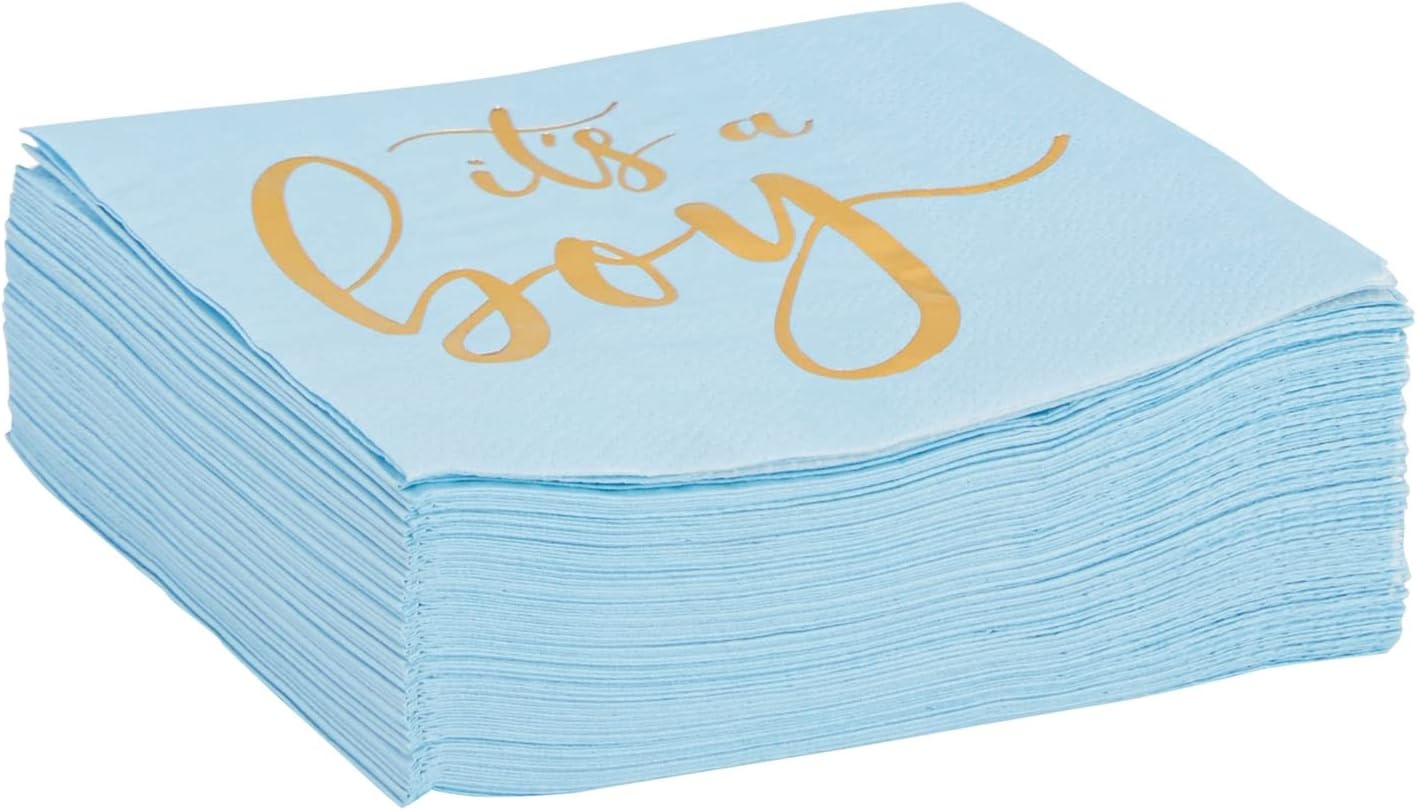 50 Pack Its a Boy Baby Shower Cocktail Napkins Party Supplies, Blue with Gold Foil Table Decorations (5 x.5 Inches)