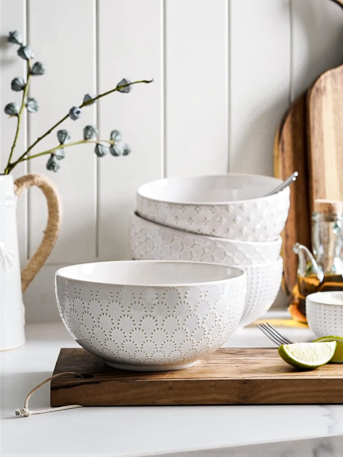 LE TAUCI Large Soup Bowl 42 OZ, Ceramic Kitchen Bowl Set for Soup, Pho, Chip, Pasta, Fruits, Salad, Noodle and Ramen- 7 Inch, Set of 4, Arctic white image 5