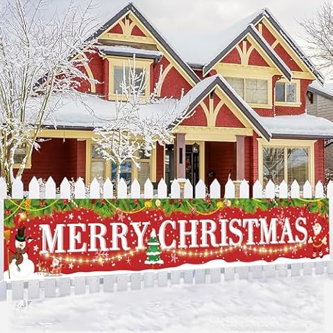 Large Red Merry Christmas Banner, Santa Claus Fence Banner Christmas Banner Snowman Background for Garden Home Indoor Outdoor Xmas Party Garage Outside Hanging Decor 118x20inch Cover