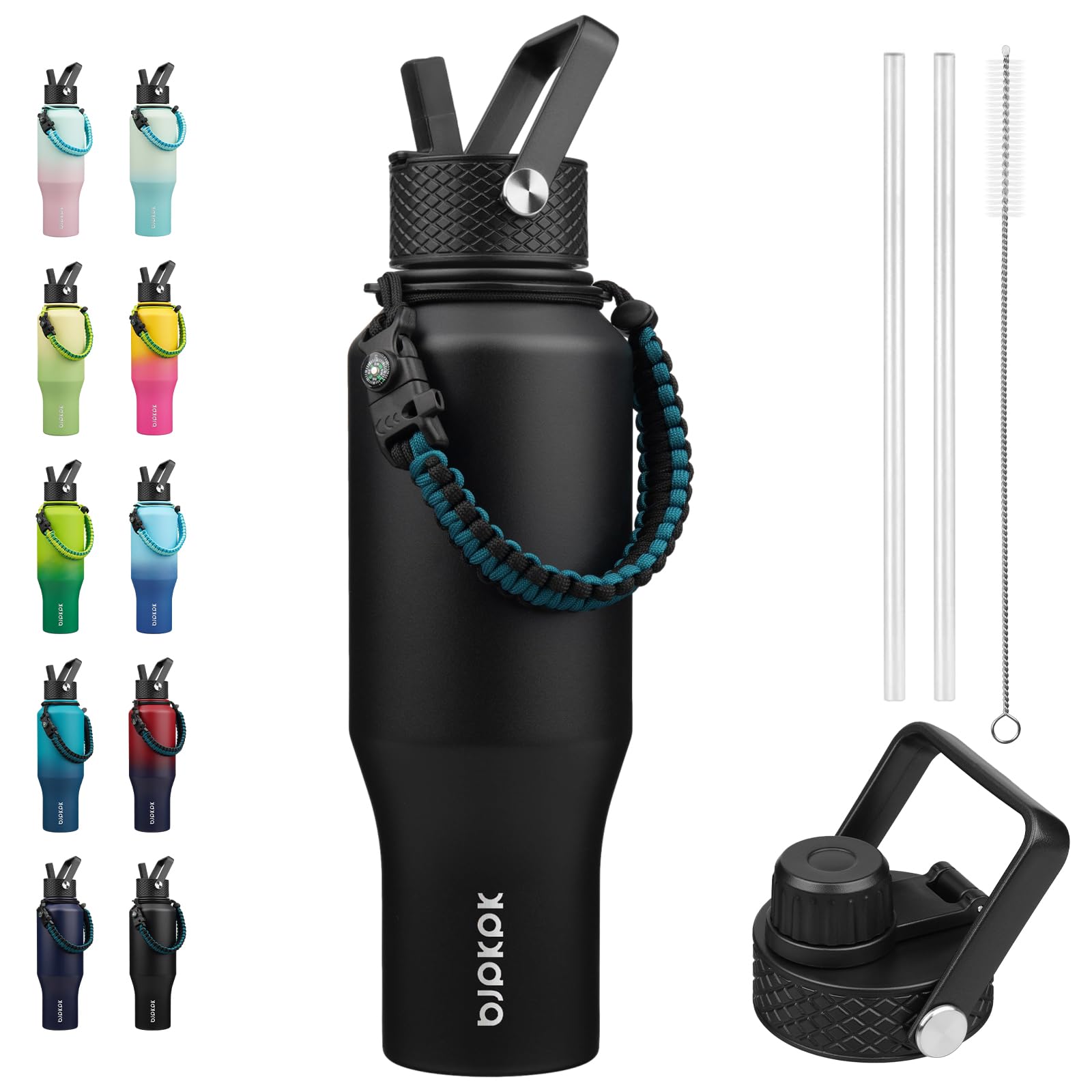 BJPKPK Insulated Water Bottles with Straw Lid, 35oz Metal Water Bottle with 2 lids & Paracord Strap, Double Wall Stainless Steel Vacuum Tumblers, Cups, Mugs, Thermos for Hot& Cold Drinks, Black