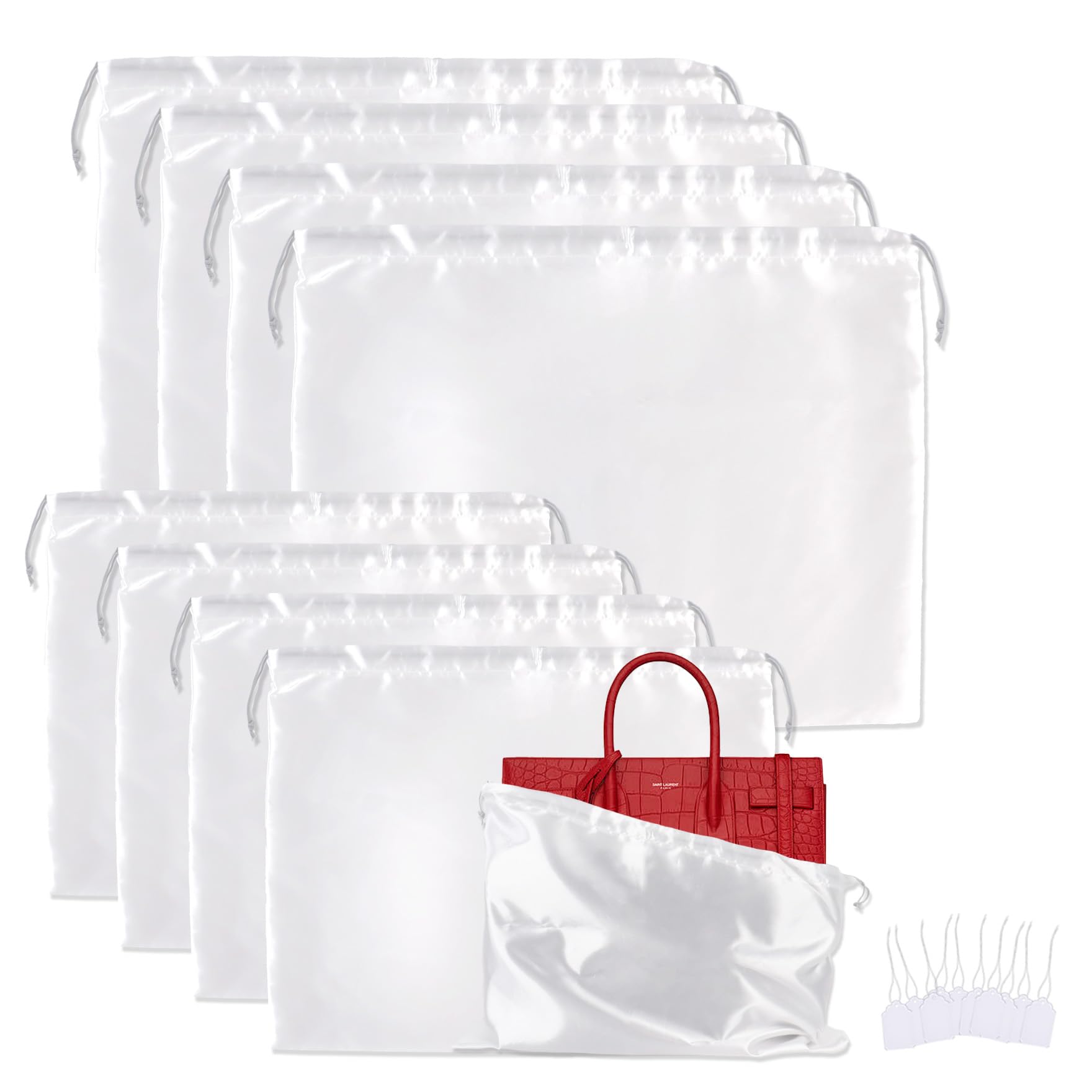 Klmnop 8 Pack Dust Bags for Handbags, Silk Dust Bag for Handbags Purses Shoes Cloth, Large & Middle Drawstring Bag with Hang Tags for Daily Travel