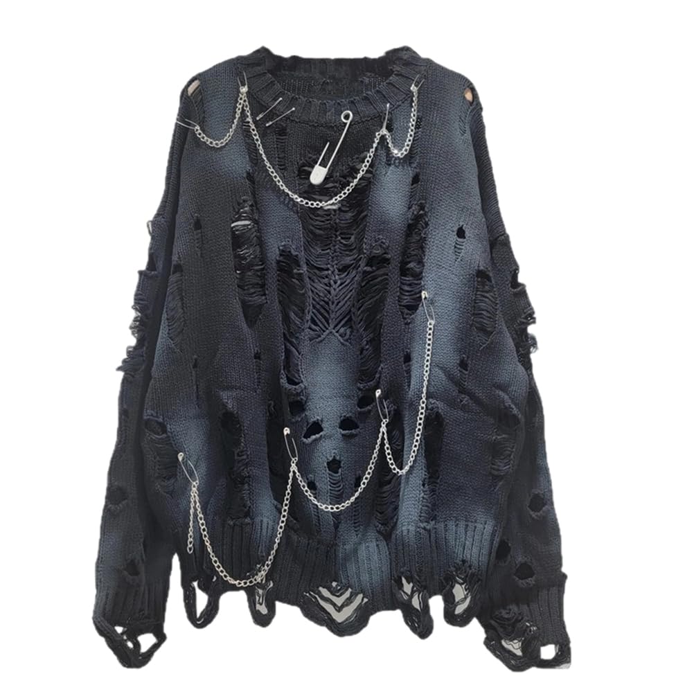 Damski gotycki sweter oversize z długim rękawem, wycięciami, okrągłym dekoltem, podarty sweter, bluza dziergana