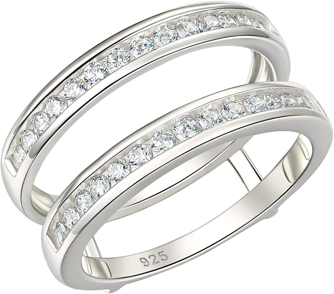 Wuziwen 925 Sterling Silver Classical Women Wedding Ring Enhancer for Engagement Rings Half Eternity Bands Round Guard Wraps CZ