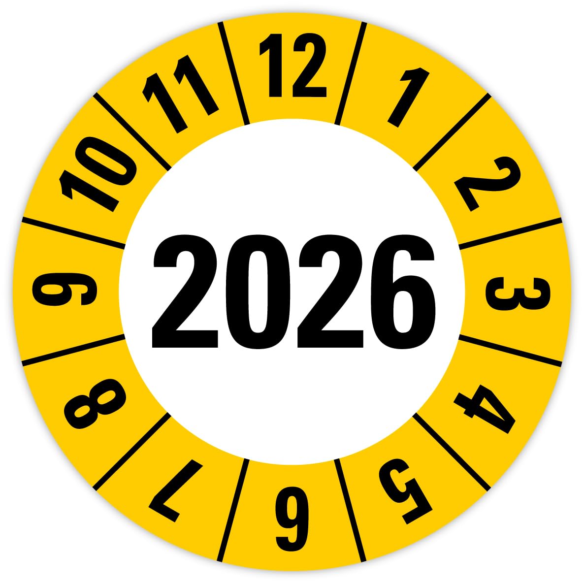 Jahresprüfplaketten 2026 – ⌀ 25 Mm, Gelb, 16 Stück Pro Bogen, Selbstklebend & Chemikalienresistent