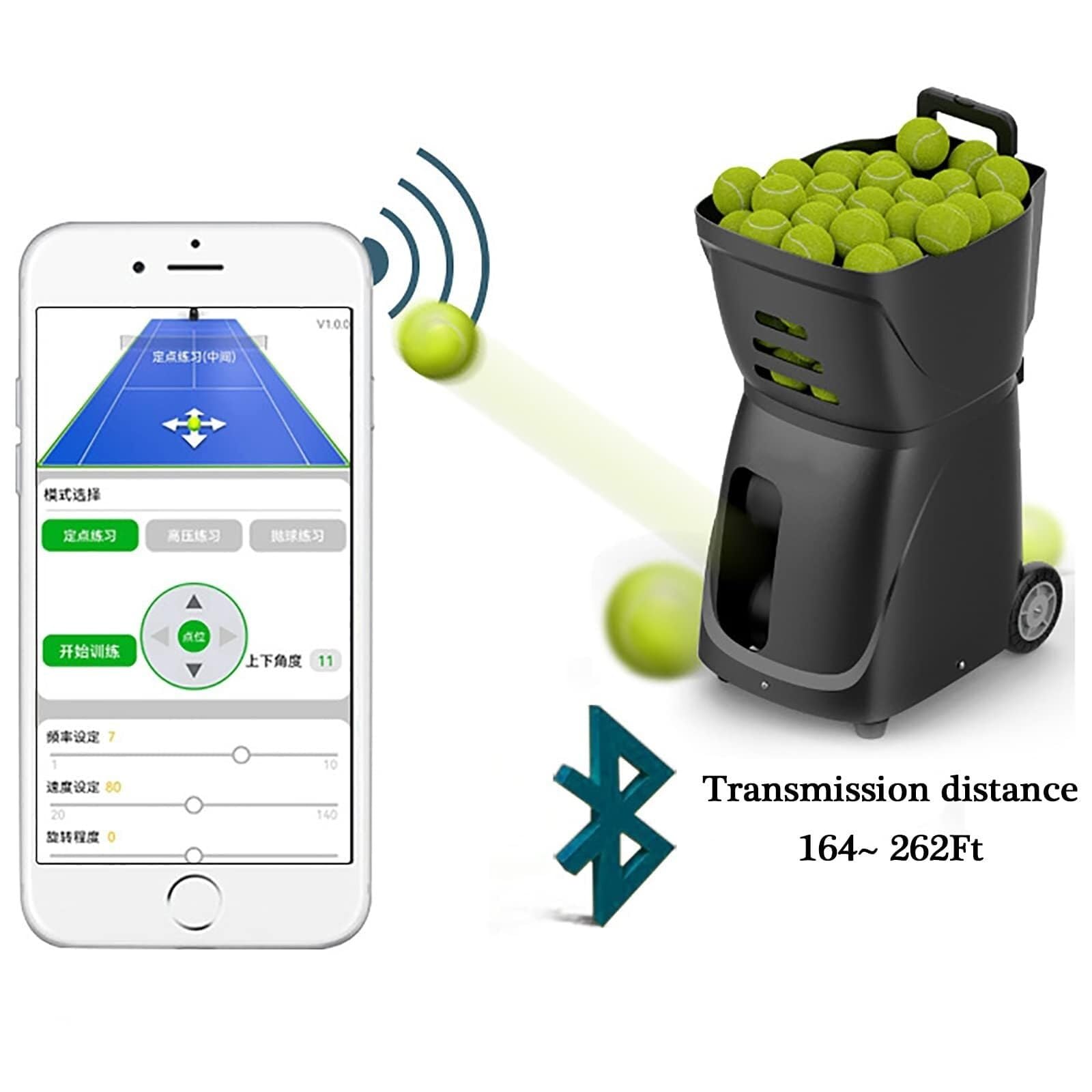 Macchina lanciapalle da tennis, allenatore di tennis automatico portatile, con telecomando, controllo tramite app mobile, capacità di carico di 100 palline, frequenza di servizio 1,8-8,8 s, per alle
