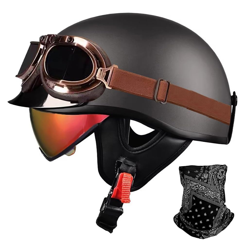 URYWTXY Retro Motorcycle Half Helmet with mask, Vintage German Open Face Motorbike Helmet with Adjustable Quick Release Buckle for ATV Chopper Cruiser Street Scooter, ECE Approved