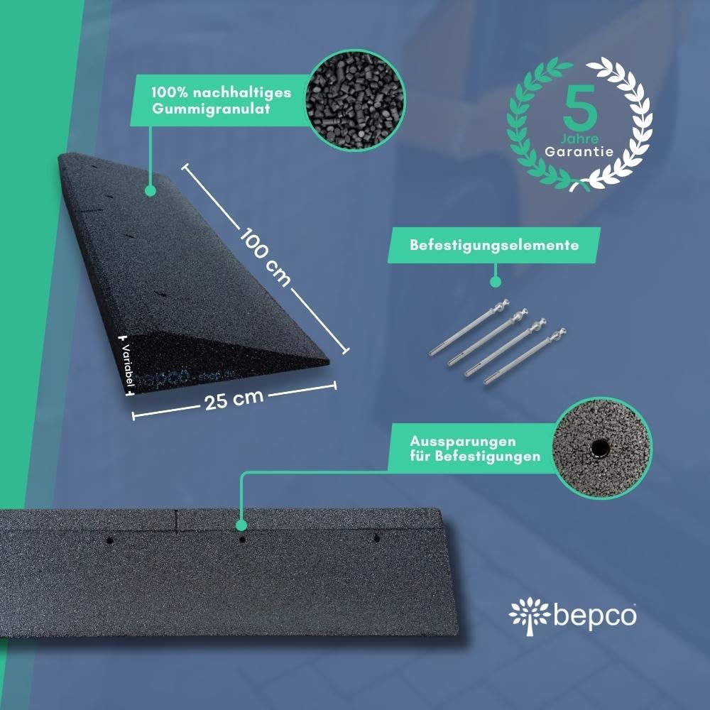 bepco Lot de 2 rampes de Trottoir - 100 cm - Différentes hauteurs - en Caoutchouc (Noir) - Rampe d'accès avec rondelles intégrées (100 x 25 x 8 cm, avec kit de Fixation (8 Chevilles à Clou))