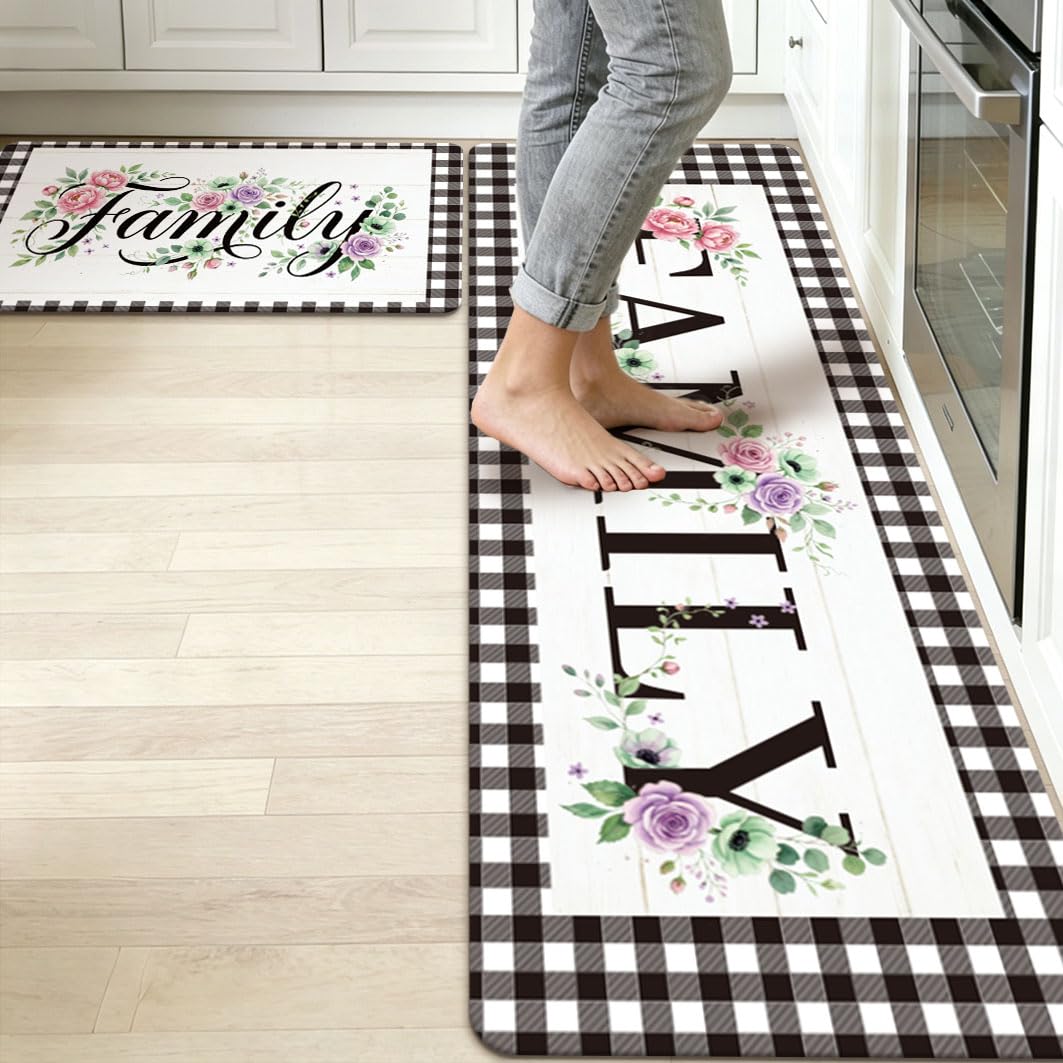 Set di 2 tappeti da cucina in stile rustico con fiori di famiglia, anti-affaticamento, antiscivolo, lavabili, comodi, decorazione per la casa, lavanderia, corridoio, ingresso, bagno, 43 x 76
