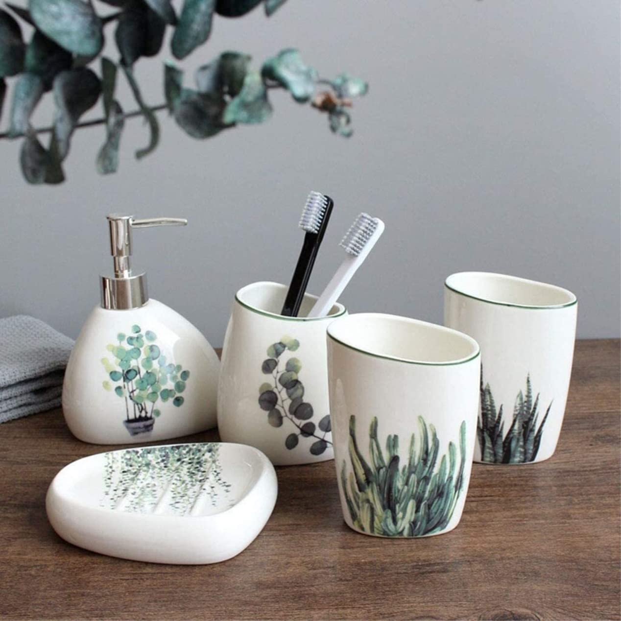 Badezimmer Set Badezimmerzubehör-Set Badezimmer-Accessoires-Set Aus Keramik, 5-teilig, Inkl. Seifenspender, Seifenschale, Zahnputzbecher, 2 Becher Badzubehör Set Bad-Accessoires-Set (Color : A)