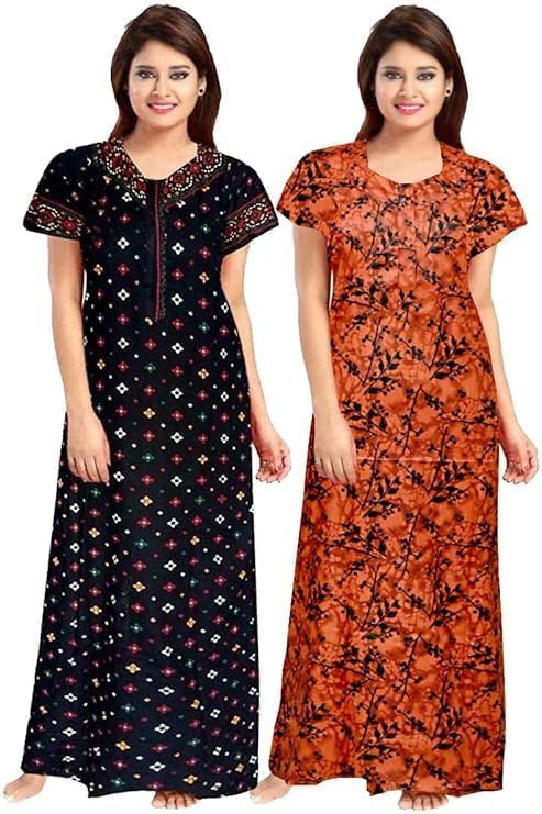vlazom Women’s Pure Cotton Rajasthani Nighty Gown – Pack of 2 Jaipuri Printed Maxi Nightwear – Soft, Breathable Sleepwear for Women (Free Size)-picture-43