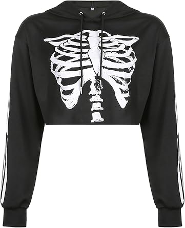 Women Halloween Skull Hoodies Long Sleeve Chains Skeleton Print Hooded Sweatshirt Grunge Crop Tops