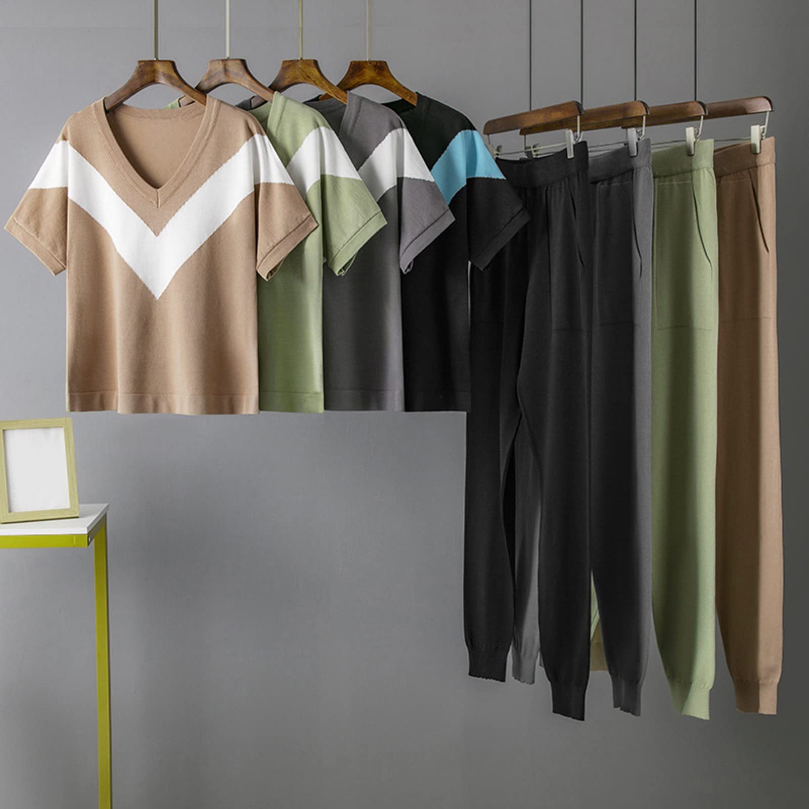 FGUUTYM Mujeres Verano Casual Top Y Pantalones Conjuntos De Color Sólido De Punto De Dos Piezas Conjunto Suéter De Punto Traje Yoga Top
