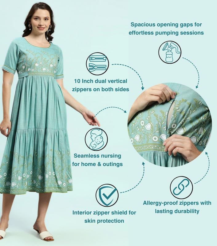 Image of DUMMY SHAPE Maternity Dresses for Women Cotton | Feeding Anarkali Kurta with Concealed Nursing Zippers for Pre & Post Pregnancy | Mom to Be Gifts