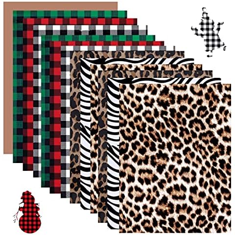 13 Sheets Christmas Buffalo Plaid HTV Heat Transfer Vinyl Leopard Pattern Buffalo Vinyl Assorted Pattern 12'' x10'' Iron-on DIY Craft Fabric PU Vinyls For T-Shirts Decoration Heat Press Design Cover