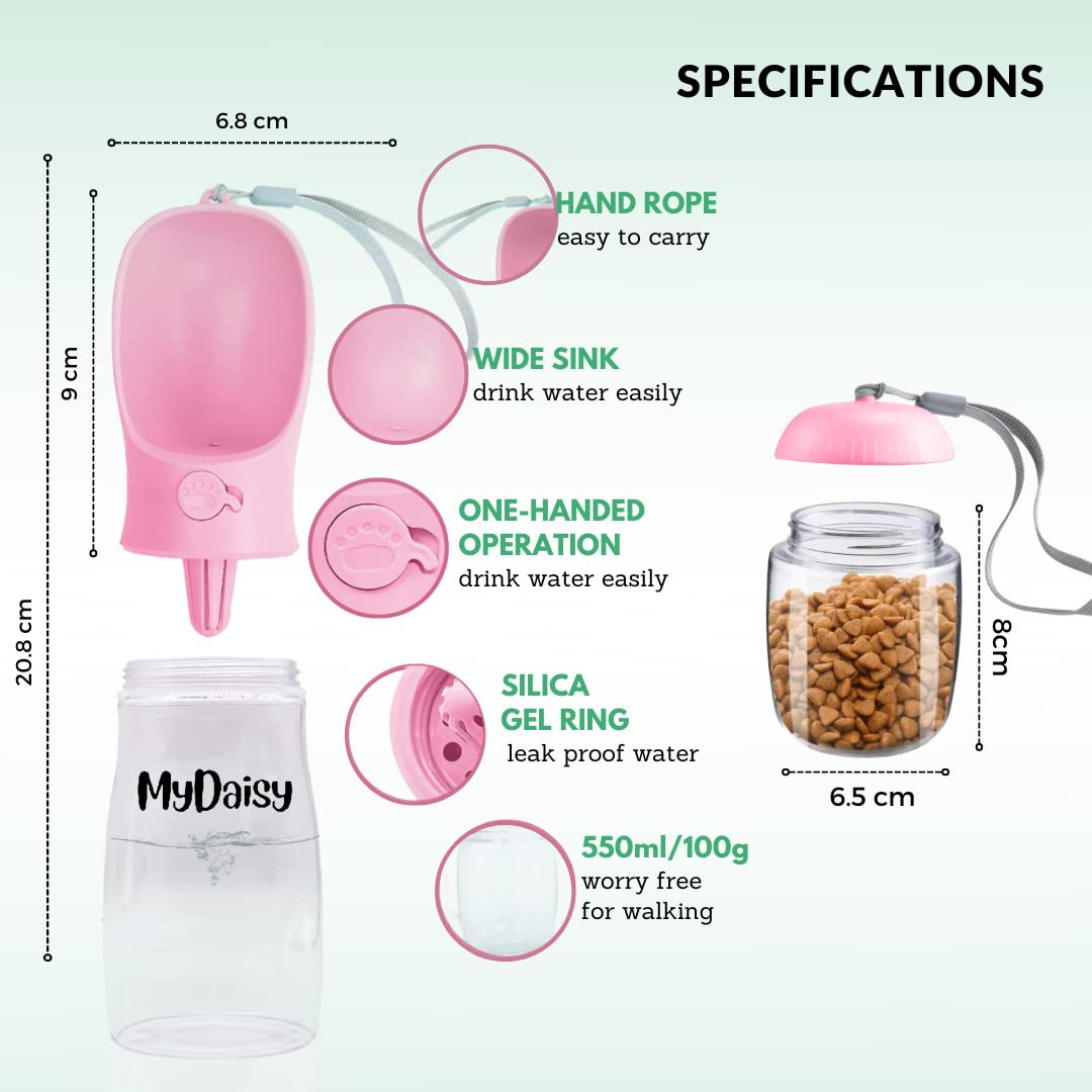MYDAISY Nadaje się do mycia w zmywarce, 550 ml, z pojemnikiem na karmę 100 g, szczelna butelka na napoje, nadaje się dla psów i szczeniąt, akcesoria dla psów na wynos