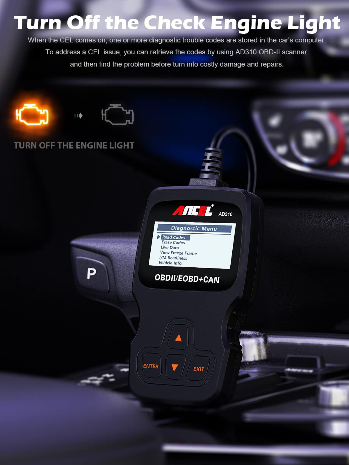 ANCEL AD310 Máquina de Diagnosis OBD2, Diagnostico Coche Multimarca apoya español, Escáner, Lector de Código para Automóvil, Sensor de O2, Sistema EVAP, Prueba de Smog, Herramienta de Escaneo
