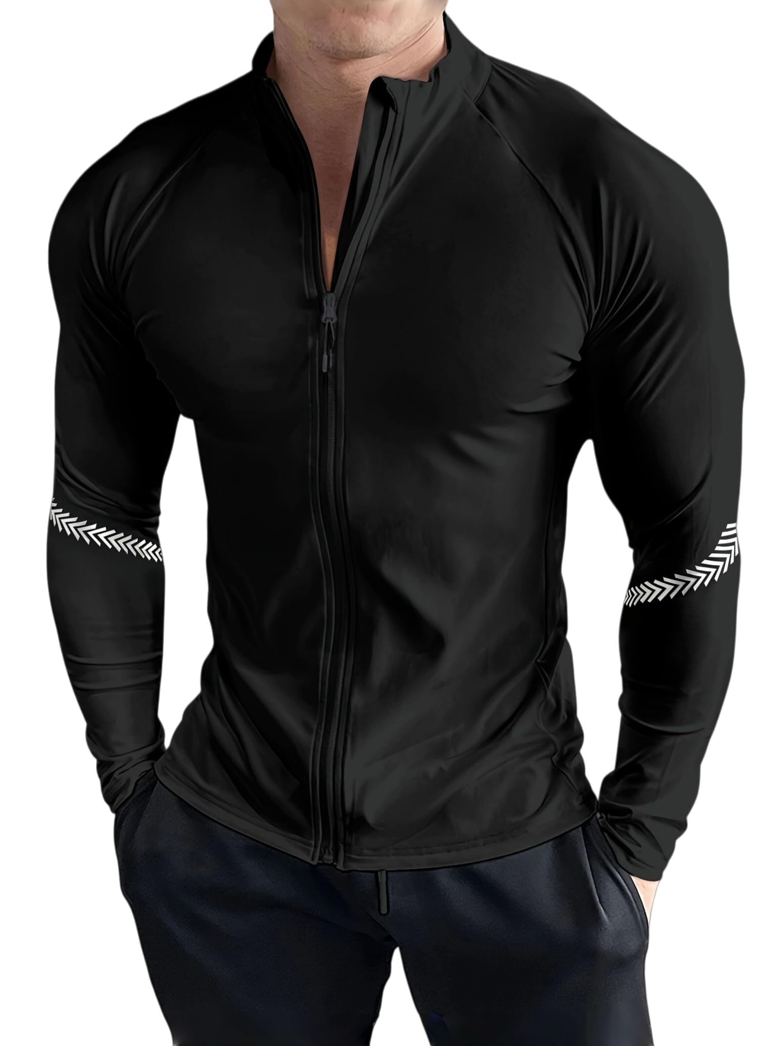 Sudadera con cremallera completa para hombre, manga larga, ligera, elástica, con estampado reflectante en los brazos, para entrenamiento — view 8