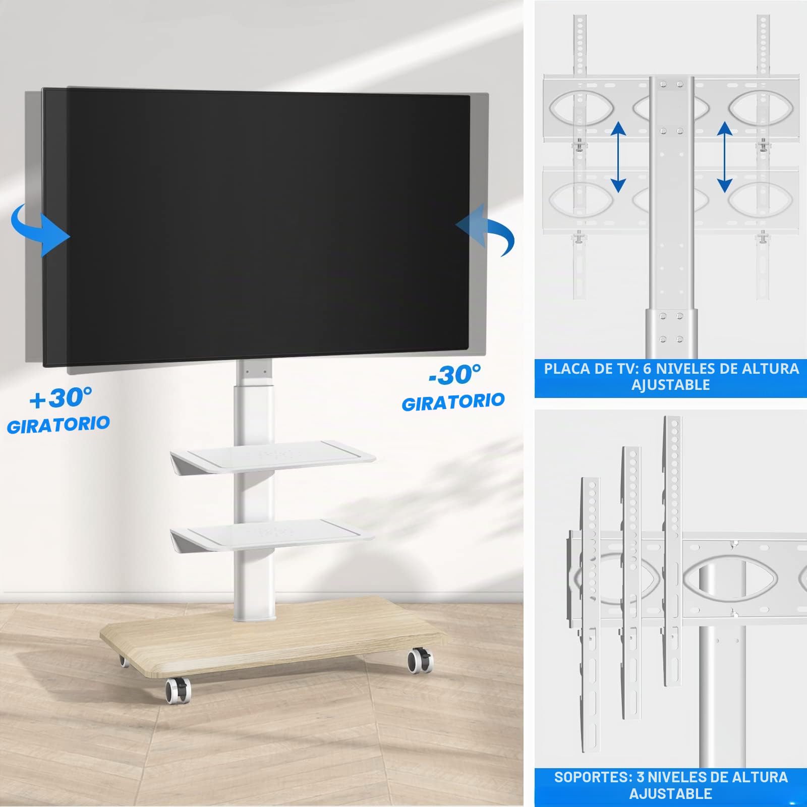 RFIVER Soporte TV con Ruedas para 26-65 Pulgadas, Pie de Suelo con 3 Baldas, Giratorio y Altura Ajustable, Hasta 35 Kg, VESA Máx 400x400mm, Blanco