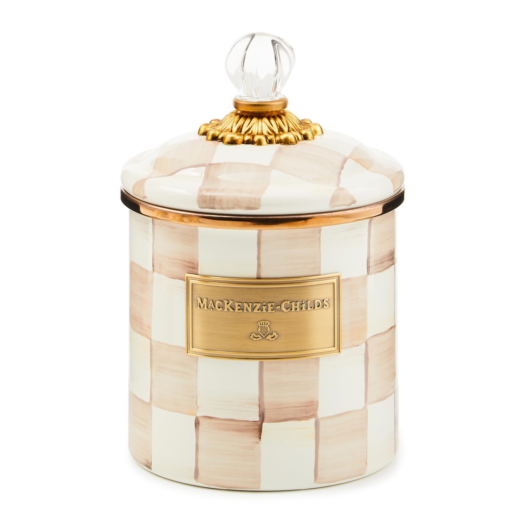 MACKENZIE-CHILDS Small Enamel Canister, Kitchen Storage Container with Lid, Brown-and-White Mocha Check