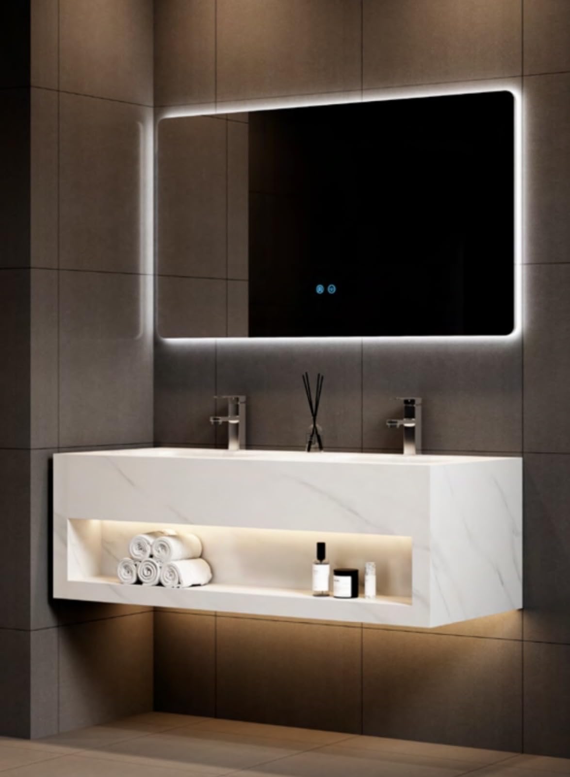 Générique Pack Meuble Double Vasque Design LED 120cm Blanc Effet marbre en Ceramique + Miroir LED 120 cm (120)