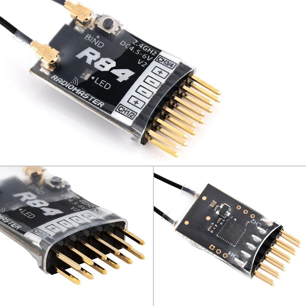 Multiple views of the RadioMaster R84 V2 receiver
