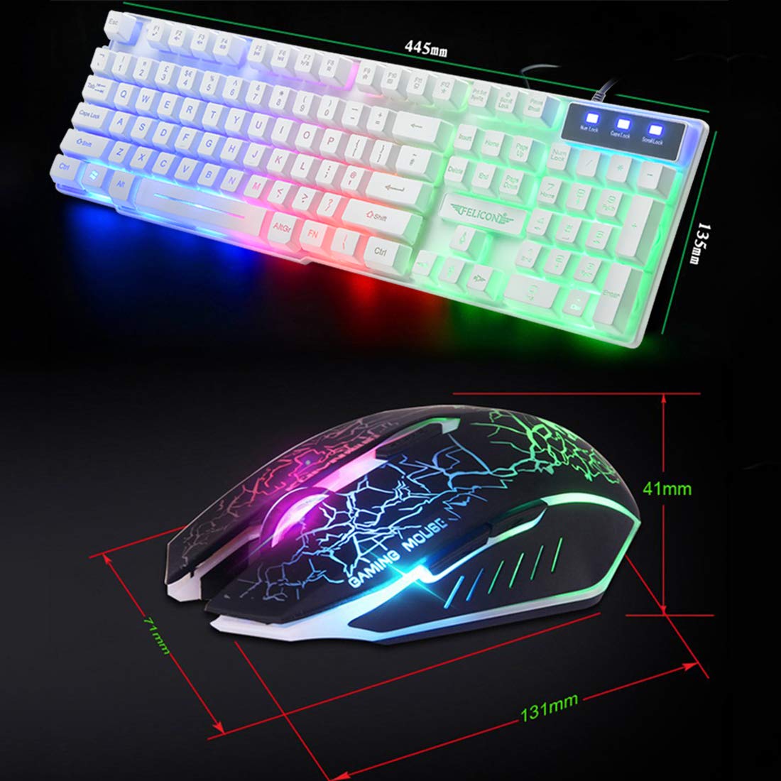 set di tastiera e mouse per videogiochi, tastiera e mouse con retroilluminazione a LED arcobaleno,con 6 pulsanti 2400DPI, mouse ottico arcobaleno e tappetino per mouse