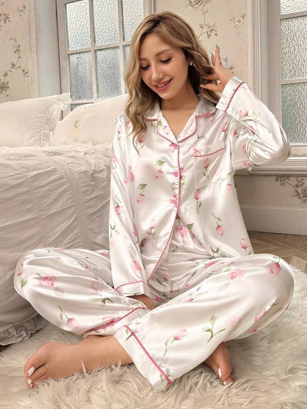 Image of Night Suit for Women with Full Sleeve Button-Down Top with Pant Dress for Woman, Night Dress for Woman, Cotton Two-Piece Loungewear Set
