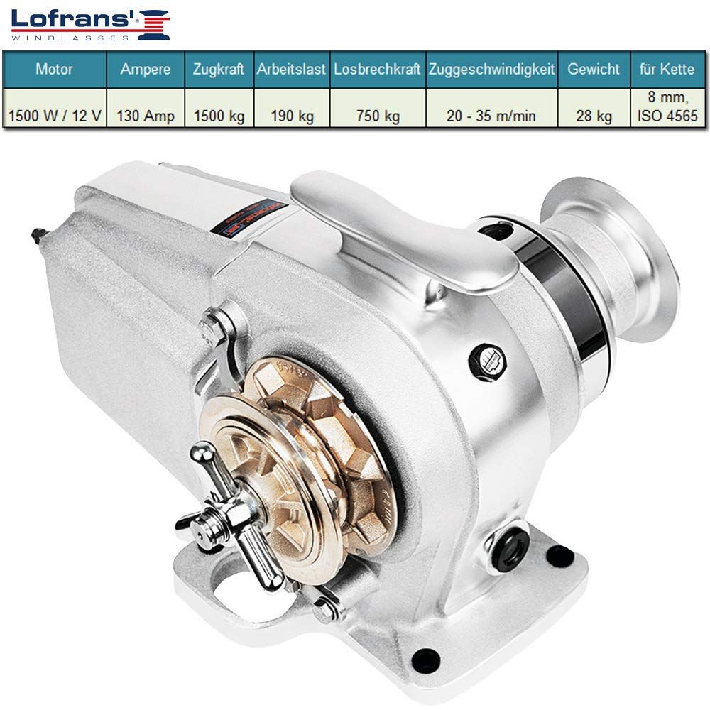 Lofrans Ankerwinde Tigres horizontal Ø8mm Kette mit Spill 1500W 12V