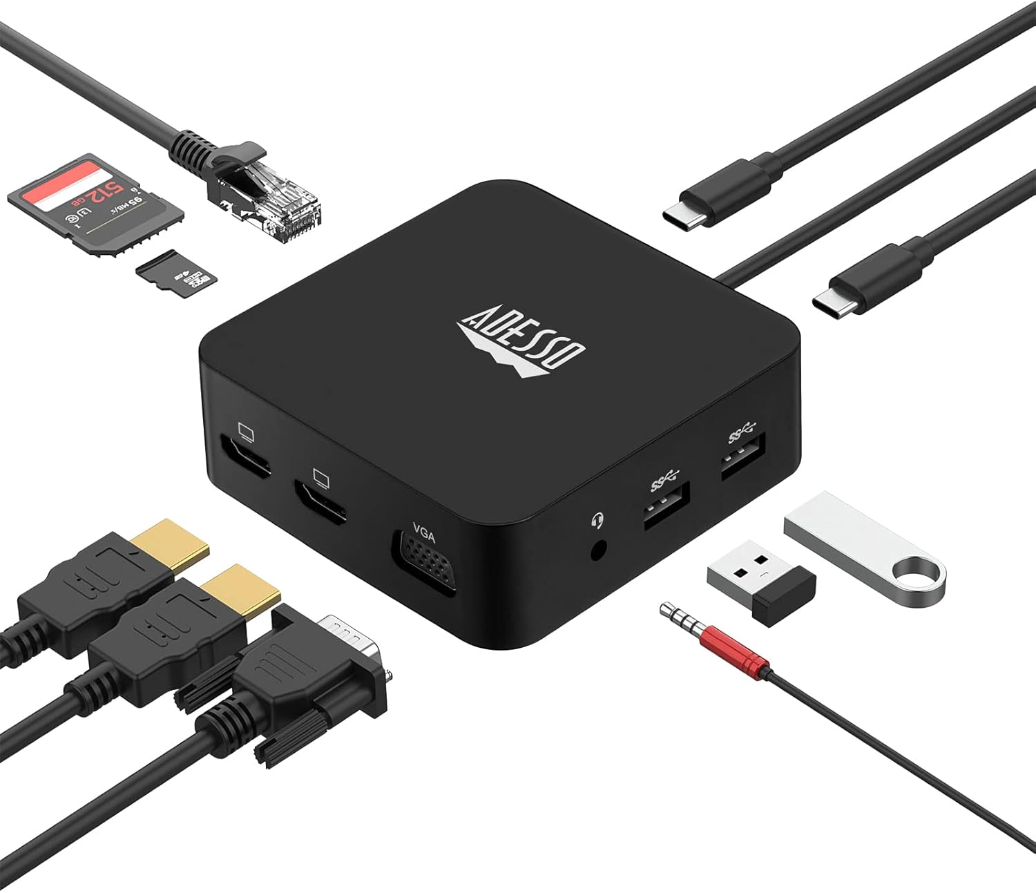 Adesso USB C Docking Station Multiport Adapter Type C Hub 2 HDMI Support 4K, VGA, RJ45 Ethernet Port, 65W PD Charging, 2*USB, SD/TF Card Reader, 3.5mm Audio Jack (TAA Compliant)