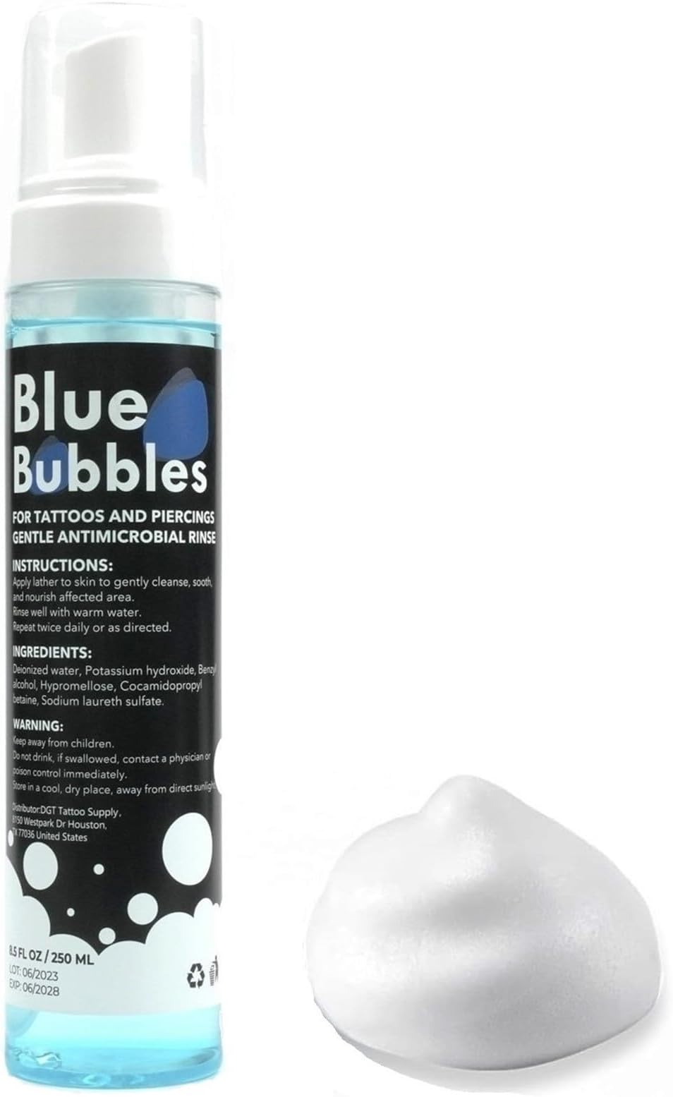 DGT 8.5oz Blue Bubbles Foaming Aftercare Tattoo Soap to Heal, Cleanse, and Clean Skin & Piercings - Gentle, Moisturizing, & Vegan Formula (8.5oz, Foam)