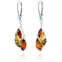 Womens Silver Earrings Sabine with Amber, Polished Sterling Silver, Baltic Amber in Colour Cognac, Green, Lemon